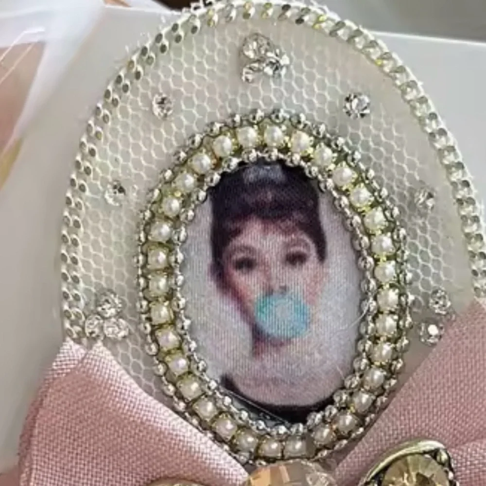 Audrey Hepburn inspired Chic Pink and Gold Brooch with Vintage Portrait‎